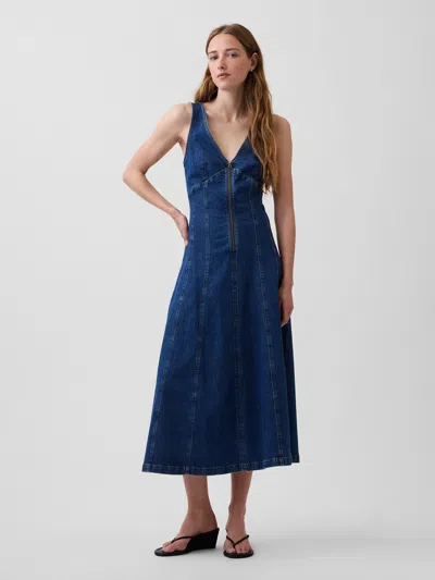 Gap Denim Seamed Zip-front Midi Dress In Blue