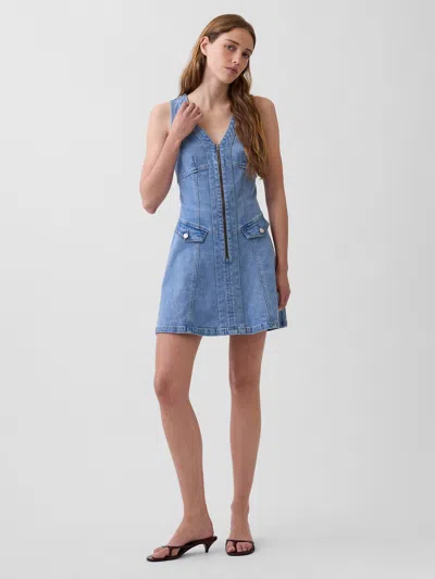 Gap Denim Seamed Zip-front Mini Dress In Blue