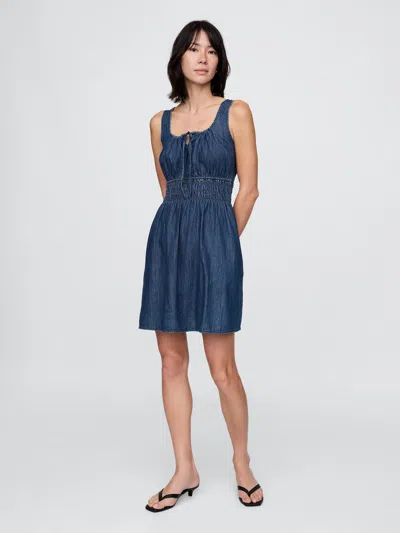 Gap Denim Tie-front Smocked Waist Mini Dress In Dark Wash