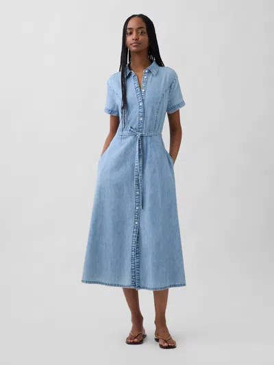 Gap Denim Tie-waist Midi Shirtdress In Brown