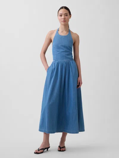 Gap Denim Tie-back Halter Maxi Dress In Blue