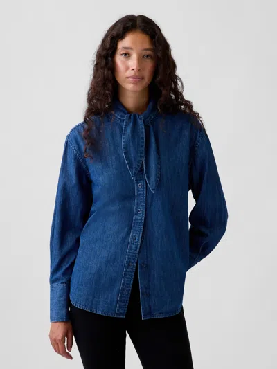 Gap Denim Tie-neck Big Shirt In Blue