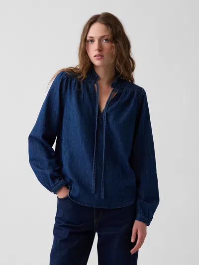 Gap Denim Tie-neck Popover Shirt In Dark Wash