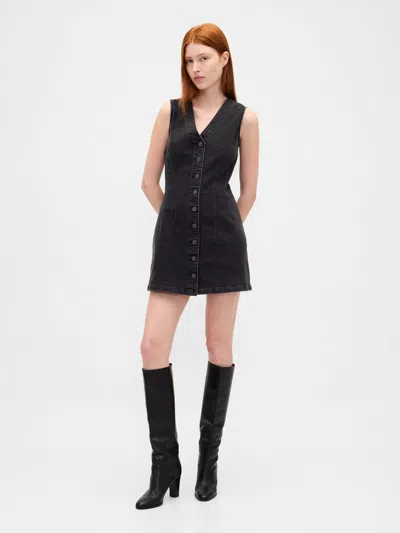 Gap Denim V-neck Mini Dress In Black