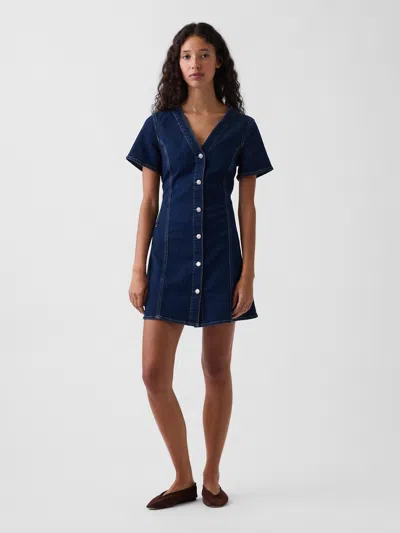 Gap Denim V-neck Mini Dress In Dark Wash
