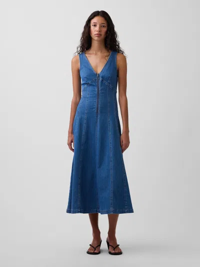 Gap Denim Zip-front Midi Dress In Blue