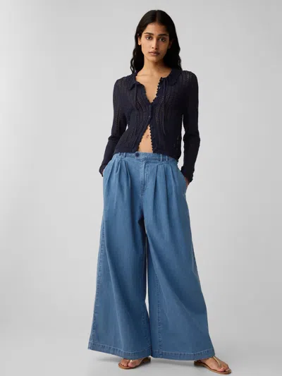 Gap Linen-blend Pointelle Cardigan In Navy Blue