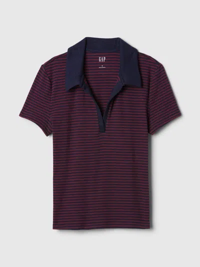 Gap Essential Rib Polo Shirt Shirt In Navy Blue & Burgundy Stripe