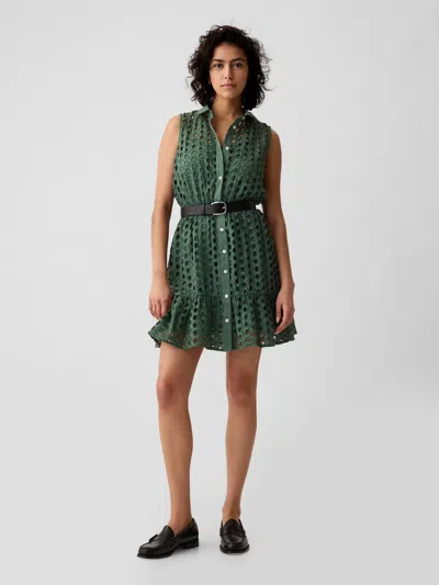 Gap Eyelet Tiered Mini Dress In Forest Green