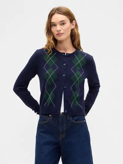Gap Factory Cashsoft Argyle Crewneck Cardigan In Blue