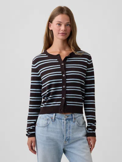 Gap Factory Cashsoft Cropped Crewneck Cardigan In Brown Stripe