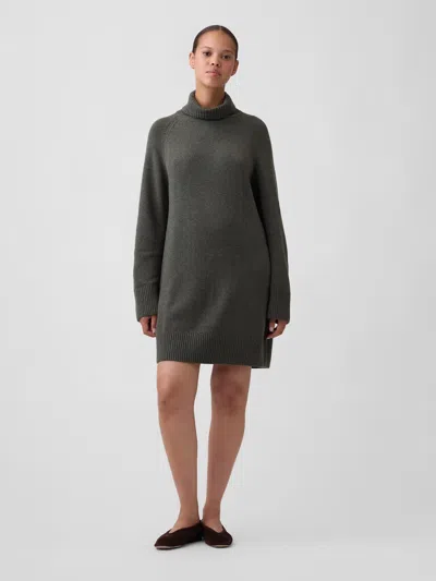 Gap Factory Cashsoft Relaxed Turtleneck Mini Dress In Dull Olive Heather