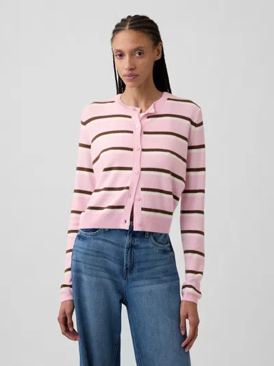 Gap Factory Cashsoft Stripe Crewneck Cardigan In Pink