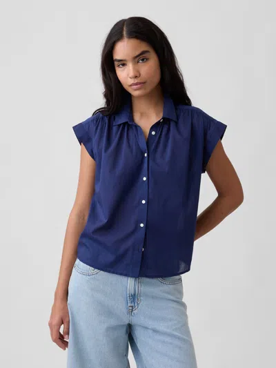 Gap Factory Collared Cap-sleeve Shirt In Blue