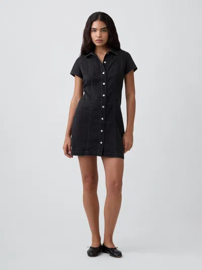 Gap Factory Denim Button-front Mini Dress In Black Wash