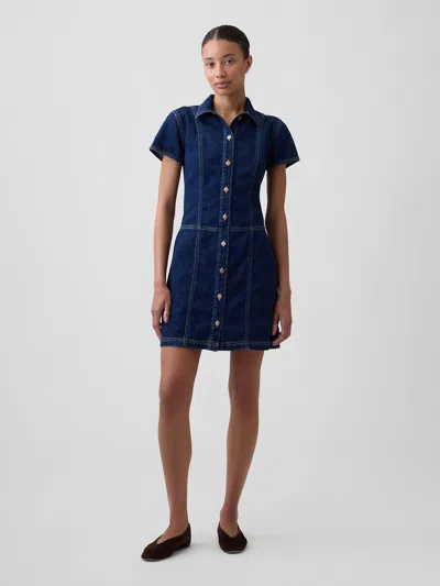 Gap Factory Denim Button-front Mini Dress In Dark Wash