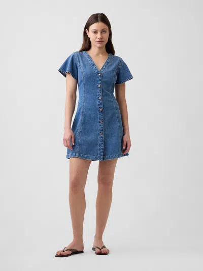 Gap Factory Denim Flutter Sleeve Mini Dress In Blue