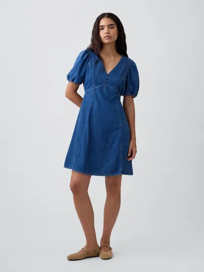 Gap Factory Denim Puff Sleeve Mini Dress In Medium Wash