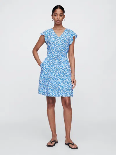 Gap Factory Flutter Sleeve Tie-waist Mini Dress In Blue