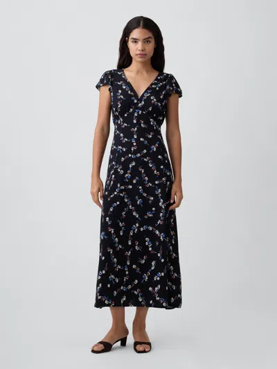 Gap Factory Flutter Sleeve V-neck Midi Dress In Black Floral