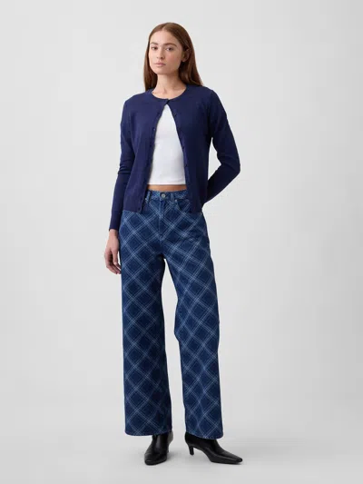 Gap Factory High Rise Print Wide-leg Jeans In Dark Indigo Plaid