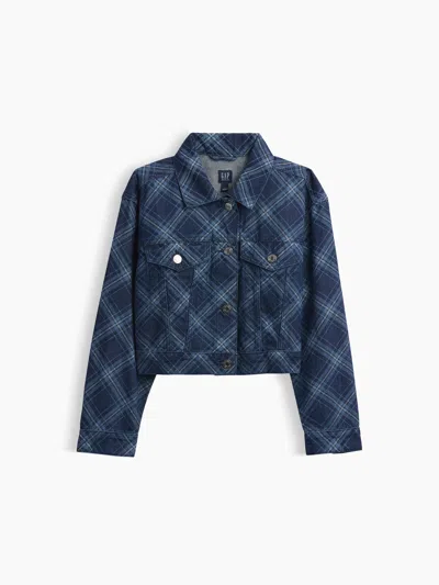 Gap Factory Kids Relaxed Cropped Icon Denim Jacket In Medium Wash Plaid