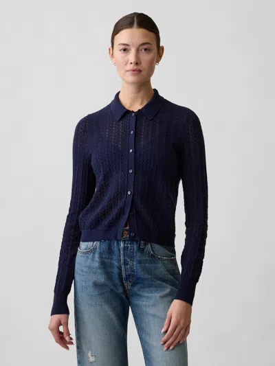 Gap Factory Lace-stitch Collared Cardigan In Blue