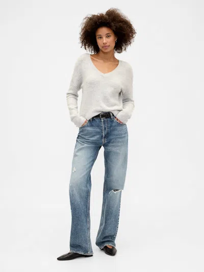 Gap Factory Mid Rise Destructed Relaxed Straight Jeans In Blue