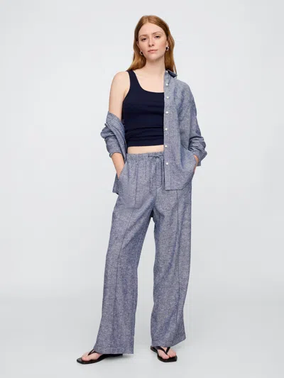 Gap Factory Mid Rise Linen-blend Pull-on Wide-leg Pants In Blue