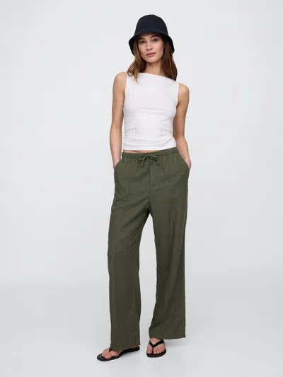 Gap Factory Mid Rise Linen-blend Pull-on Wide-leg Pants In Green