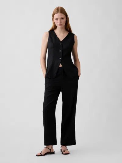 Gap Factory Mid Rise Linen-blend Straight Crop Pants In Black