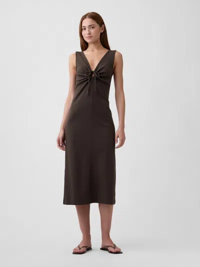 Gap Factory Modern Ribbed Tie-front Midi Dress In Brown