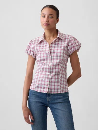 Gap Factory Poplin Puff Sleeve Shirt In Red Micro Plaid