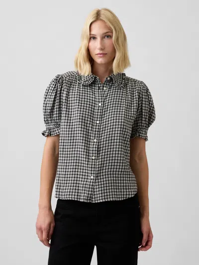 Gap Factory Puff Sleeve Flannel Shirt In Black White Plaid