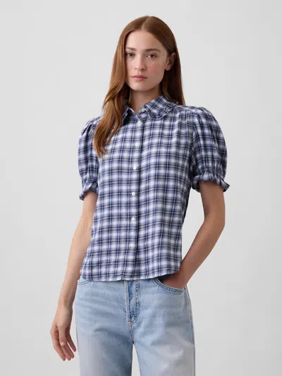 Gap Factory Puff Sleeve Flannel Shirt In Blue Plaid