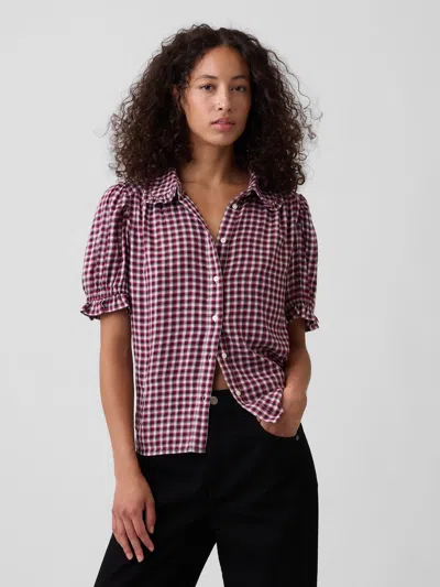 Gap Factory Puff Sleeve Flannel Shirt In Pink Plaid