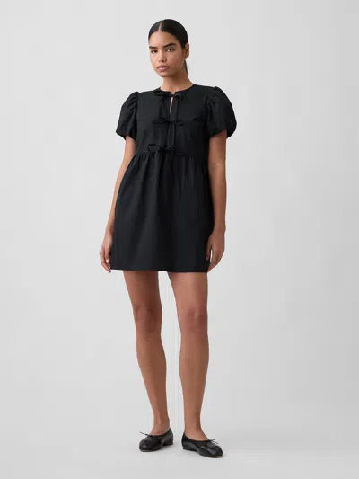 Gap Factory Puff Sleeve Tie-front Mini Dress In Black