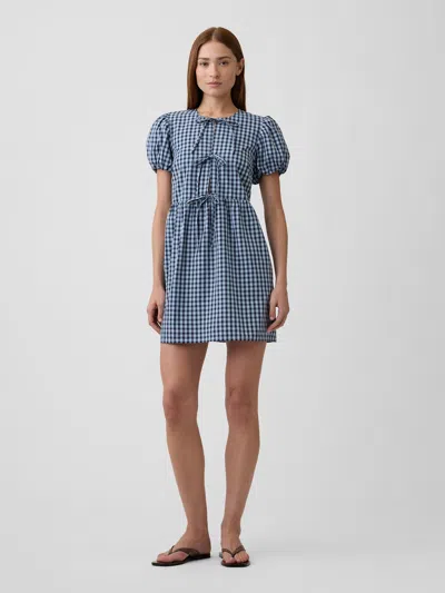 Gap Factory Puff Sleeve Tie-front Mini Dress In Blue