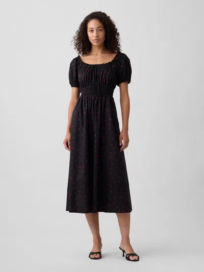 Gap Factory Puff Sleeve Tie-neck Midi Dress In Black Floral