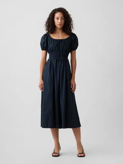 Gap Factory Puff Sleeve Tie-neck Midi Dress In Blackwatch Plaid