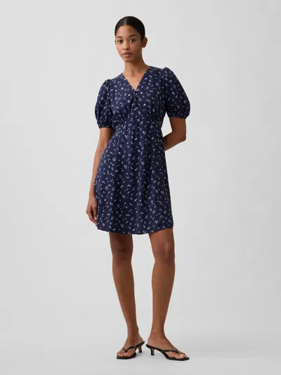 Gap Factory Puff Sleeve V-neck Mini Dress In Blue