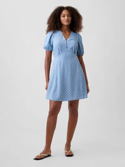 Gap Factory Puff Sleeve V-neck Mini Dress In Blue