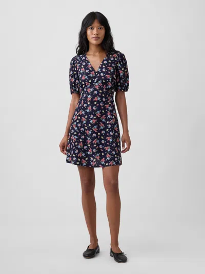 Gap Factory Puff Sleeve V-neck Mini Dress In Blue