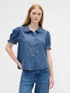 Gap Factory Relaxed Denim Puff Sleeve Top In Blue