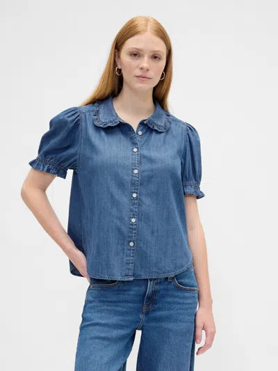 Gap Factory Relaxed Denim Puff Sleeve Top In Blue
