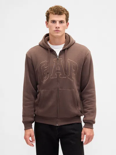 Gap Factory Relaxed Gap Logo Sherpa-lined Zip Hoodie In Brown