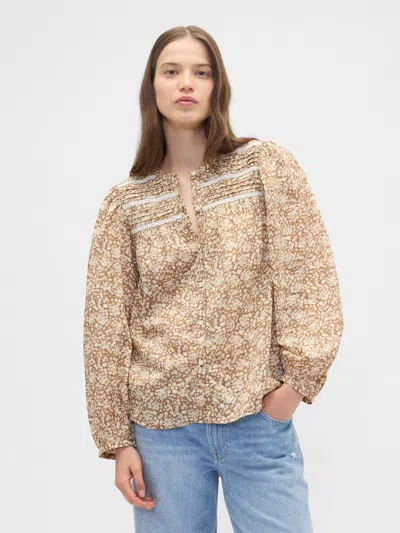 Gap Factory Relaxed Puff Sleeve Lace Top In Brown