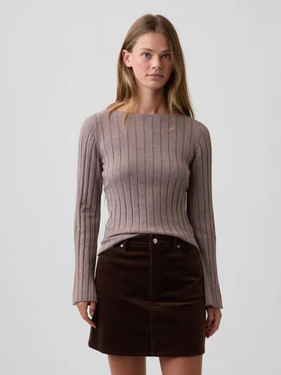 Gap Factory Ribbed Bell Sleeve Boatneck Sweater In Mushroom