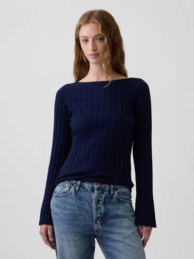 Gap Factory Ribbed Bell Sleeve Boatneck Sweater In Navy Uniform