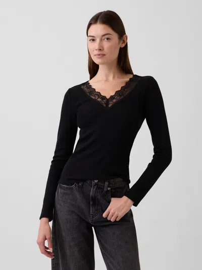 Gap Factory Ribbed Lace-trim Top In Black